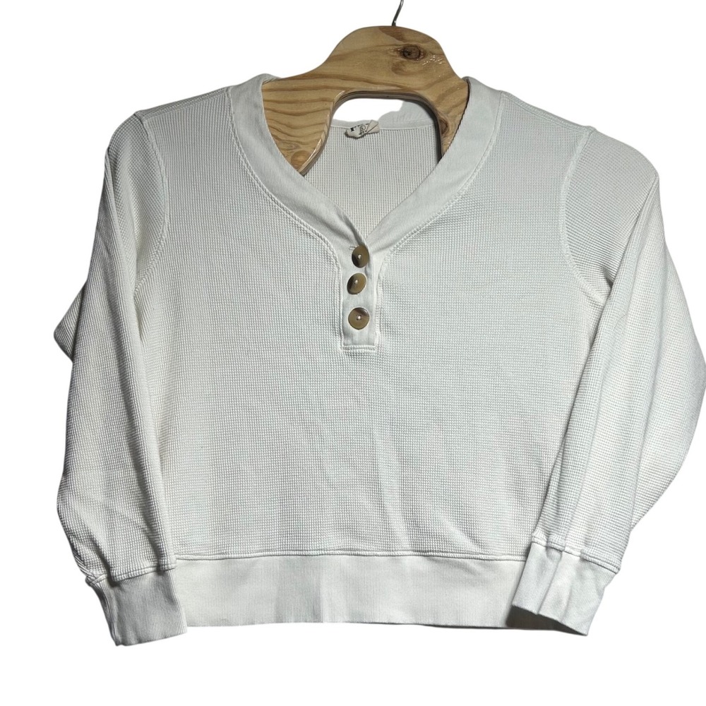 Pact Organic Cotton Waffle Knit Henley Top White Long Sleeve Large